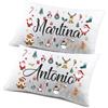 Colorfamily Coppia di Federe Matrimoniali Natalizie Personalizzate con Nomi - Set 2 Federe 100% Cotone - Slitta di Babbo Natale con Scritta Ho Ho Ho