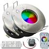 Planetitaly KIT 2Pcs faretti cromoterapia LED RGB RGBW 12W IP65 24V incasso box doccia bagno turco centralina telecomando alimentatore 24V incluso (dimmerabile rgb+4000k) (COLORE SILVER SPAZZOLATO)