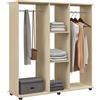 HOMCOM Stand Appendiabiti con 6 Ruote, Appendiabiti da Terra con 5 Ripiani e 2 Aste per Vestiti, Guardaroba Porta Abiti in Legno Alluminio, per Camera da Letto Soggiorno Corridoio Ingresso, Naturale
