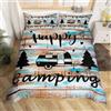 Loussiesd Set di biancheria da letto con motivo camper Happy Camping per letto singolo, 2 pezzi, per ragazzi e ragazze, stile rustico, in legno, stile vintage, con copripiumino