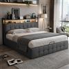 BRILVERDE Letto Imbottito 140x190 con Contenitore Idraulico, Letto Matrimoniale a LED con USB, Funzionale con testiera, Struttura Letto con Rete a doghe, Lino (Grigio, 140 x 190 cm)