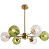 KCO Lighting Clear Globe Lampada a sospensione 6-Lights Lampadario di vetro della bolla Lampada a soffitto Mid Century Moderno Lampadario Verde Ribbed Flush Mount Luce Lampadario in ottone spazzolato