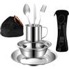 pobowlgarls Set di posate da campeggio in acciaio inox | Include piatto, ciotola, tazza, cucchiaio, forchetta, coltello, tasche in rete per campeggio, zaino in spalla