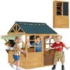 AIYAPLAY Casetta per Bambini in Legno di Abete, Casetta da Giardino Pieghevole con 5 Finestre, Tettoia, Porta e 2 Lavagne Nere, Casa da Esterno per Bimbi 3-8 Anni, 173x117x144 cm, Marrone