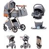 Kakbgee Passeggino 3 in 1 con Seggiolino Auto, Carrozzina Piegevole, 7-Altezza Regolabile, Sospensione 4 Ruote, Copripioggia e Zanzariera, Baby Stroller per Neonati 0-3 Anni (15kg), Grigio chiaro