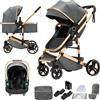 Shineey Passeggino trio, combinazione carrellino per bebè 3 in 1 passeggino cittadino con buggy pieghevole di lusso con carriola per bambini ad alta vista portatile con neonato (H9 DARK GREY, H9)