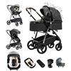 Kakbgee passeggino combinato in pelle 3-in-1, passegginos cittadino ECE R129 con seggiolino auto, pieghevole portatile, telaio convertibile in alluminio, adatto per neonati 0-4 anni