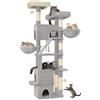 Hzuaneri Albero Per Gatti, Tiragraffi per gatti 185 cm, Grande torre Per Gatti da Interno con 2 Piattaforme, 3 Cucce, 6 Tiragraffi, 2 Cestini, Pompon, Cuscino Lavabile, Grigio Chiaro MS18818LG