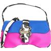Just Cavalli Borsa da donna stampa multicolor maculata, blu e fucsia con placca logo lettering e serpente UNI