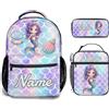 Generic Personalizzata Zaino scuola elementare bambina Personalizzate Sirenetta con Nome per school bag Scuola 3 Pezzi zainetto asilo bambino con borsa termica e Astuccio zaini per media superiore
