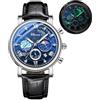 FANMIS Orologio analogico classico, multifunzione, militare, sportivo, da uomo, impermeabile, con cronografo luminoso, cielo stellato, fase lunare, in pelle