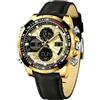 Forrader Orologio da polso da uomo, militare, digitale, analogico, al quarzo, impermeabile, sportivo, multifunzione, in pelle, Cintura/Nero Oro