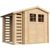 TIMBELA Casetta Giardino - Casetta da Giardino in Legno con Legnaia da Esterno CON PAVIMENTO TRATTATO con serratura di alta qualità L206xL272xA218 cm/ 3,53 m2 + 0,97 m2 Casetta in Legno TIMBELA M386F+M386G