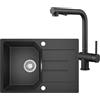 ANYCEE 65x45 cm Lavello in Granito con Rubinetto Estensibile, Lavandino Cucina 1 Vasca con Gocciolatoio, Lavello Nero per Mobile di Base di Oltre 40cm con Sifone e Scarico