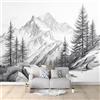 Generic Carta da parati fotografica con disegno a matita di montagne e alberi, stile naturale paesaggio, 200 x 140 cm (larghezza x altezza), poster grande per soggiorno, camera da letto, sfondo TV