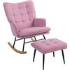 HOMCOM Sedia a dondolo con poggiapiedi, poltrona relax, con cuscino imbottito, schienale alto, braccioli e gambe in legno, carico 130 kg, per soggiorno, camera da letto, rosa