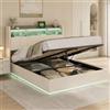 BLSYHDH - Letto baule 140 x 200 cm, letto imbottito a LED con sistema idraulico e cassapanca, letto matrimoniale con contenitore, con testiera e rete a doghe, (bianco+flanella)