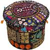 DK Homewares Ottomane Sgabello Pouf Rotondo Etnico Pouf da Salotto in Cotone Ricamato Patchwork Nero Poggiapiedi Decorativo Pouf | (16x16x13 Pollici / 40 cm) | Solo Copertura