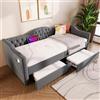 MURUL Divano letto con contenitore Daybett con 2 cassetti e funzione di ricarica USB Type C in lino grigio (Grigio, 90×190 cm)
