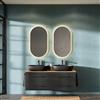 Planetmöbel LUX Set di mobili da bagno, composto da lavandino da 140 cm con mobiletto alla base, 2 lavabi soprapiano da 60 cm neri, 2 specchi da 50 cm (senza LED) Mobiletto sottolavabo Oro Rovere