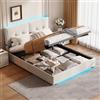 BAJKNIU Letto imbottito 140x200 cm con contenitore idraulico, struttura matrimoniale con luci LED, testiera in velluto, tasche laterali e rete a doghe in legno, senza materasso (beige, 140x200cm)