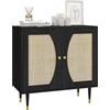 HOMCOM Credenza da cucina, mobiletto di immagazzinaggio, design bohemien, a doppia porta, con 2 livelli, facciata in canna, 80 x 38 x 79 cm, colore: nero