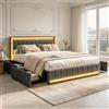 EZSSW Letto Matrimoniale Contenitore 160x200 Grigio, Letto Moderno in Tessuto Lavabile Resistente con Luci LED RGB, 4 Cassetti Laterali, Testiera Imbottita e Ricarica USB Type-C