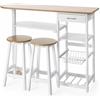 VIRSUS Set Tavolo Penisola Cucina con 2 Sgabelli 3180, misura 119x38,5x88,5 cm, Bianco e Rovere, Piano in MDF Laminato, Penisola con Portabottiglie, Cestello, 2 Ripiani Portaoggetti, 1 Cassetto