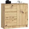 AKORD | Cassettiera K-80 JERRY con 3 Cassetti | Armadio Cameretta con 2 Ripiani e 1 Anta | Moderna Mobiletto per Soggiorno | Moderno | 80x77x35 cm | Rovere Artisan + Rovere Artisan