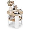 defiPad Tavolino da salotto rotondo Ø53 cm - elemento laterale da divano con ripiano, 2 livelli, arredo soggiorno moderno, bianco e rovere Sonoma, design industriale, prodotto in UE