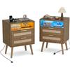 BonVache Set di 2 comodini in rattan, luce regolabile, presa integrata e porte USB-A e C, scomparto aperto e 2 cassetti in stile vimini, piedini in legno massello, marrone