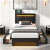 Autheria Letto Singolo con Contenitore 90x190 cm con LED e USB (Supportato Senza Fili), Letto imbottito con Testiera e 4 Cassetti e rete a doghe, Struttura Singolo
