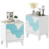 UEV Set di 2 Comodini con Motivo Ondulato, Comò Moderno con 2 Cassetti Portaoggetti, Tavolino laterale per Camera da Letto, Soggiorno, 45 x 35 x 56cm, Bianco