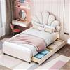 Ctastay Letto Singolo Imbottito 90X200 cm, Letto Contenitore a Petali con Rete a Doghe in Legno, Testata e 2 cassetti, Beige, senza Materasso