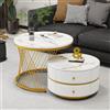 Lexiou Set di 2 tavolini eleganti a forma di nido, 60 x 60 x 46 cm e 50 x 50 x 30,8 cm, tavoli rotondi con effetto marmo lucido, 2 cassetti, portata fino a 30 kg, colore oro