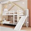 Terahanda Letto a castello con scivolo e scaletta angolare a tre gradini, letto a casetta con protezione anticaduta, lettino per bambini, telaio letto in legno massello, bianco+naturale, 90x200 cm