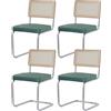 GrandCA HOME Set di 4 Sedie da Pranzo con Schienale in Canna Naturale e Base in Acciaio Cromato, Sedie da Cucina Imbottite in Rattan,Verde