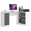 AKORD Scrivania ad Angolo B-20 | 3 cassetti, 2 Ripiani e un Ripiano con Anta | Scrivania ad angolo per l'ufficio in casa | 155x77x85 | 60 kg | Bianco & Grigio Grafite Frontale