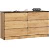 AKORD Cassettiera K 140 cm 6 (2 x 3) Cassetti | Moderna Mobiletto per Soggiorno Sala da Pranzo Camera da Letto | Armadio Cameretta | 138 x 77 x 40 cm | Peso 51kg | Quercia Artigianale