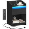 Hzuaneri Comodino con luce LED, Tavolino con stazione di ricarica, 1 cassetto portaoggetti per camera da letto, soggiorno, 2 porte USB, 2 uscite, scomparto aperto, nero NS04804X1