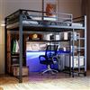 Oxtao Letto a soppalco 140 x 200 cm, letto in metallo con luci a LED e scrivania, con vano portaoggetti e scaffale, per ragazzi con protezione anti-caduta e scala, senza materasso (nero, 140 x 200 cm)