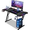 Jaxguom Scrivania Gaming LED 140 x 60cm, Tavolo Gaming Ergonomica, Postazione Gamer con Superficie in Fibra di Carbonio, Scrivania per Computer con Porta Tazza e Gancio per Cuffie, Nero