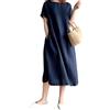 FZKun Abito In Lino E Cotone Stile Giapponese Da Donna - Taglie Forti Colore Solido Girocollo Maniche Lunghe Abito Estivo Casual Con Tasche Vestibilità Ampia Vestiti Midi Basic (XL,Blu)