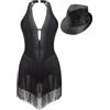 MSemis Abito Ballo Latino Tango Donna con Frange Strass Vestito Danza Classica Moderna con Cappello Body da Ginnastica Ritmica Abito da Danza Samba Rumba Salsa Cha-Cha Nero S