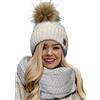 4sold Winter Cappello Set da Donna Taglia Unica di Lana di Mohair e Sciarpa Invernale di Lana Berretto Beanie Fodera in Pile Pompom Artificiale - Set Birma Ecru