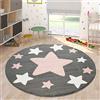 Paco Home Tappeto Stanza Dei Bambini Tappeto Per Bambini Grandi E Piccole Stelle In Grigio Rosa, Dimensione:Ø 200 cm tondo