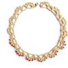 Handmade collana beige/dorata da donna, Gioielli all'uncinetto, girocollo di pizzo con cristalli di vetro, beige/dorato/rosso, Made in Italy, Bijoux da donna, Lavorazione Artigianale