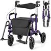 COSTWAY 2 in 1 Deambulatore e Sedie a Rotelle in Alluminio, Rollator Pieghevole e Regolabile in Altezza con Seduta e Freni, Girello per Anziani con Ruote Robuste (Viola)