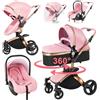NADDLILY Pelle PU Passeggino Trio, Passeggino 3 in 1 con Sedile Regolabile Rotante 360°, Trio Neonati con Accessori, Carrozzina Neonati con Design Portatile Pieghevole Un Clic (906 Pink)