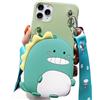 SGVAHY Custodia a portafoglio per iPhone 14 Plus con cinturino cordino, carino portafoglio con moneta a forma di dinosauro, divertente custodia per telefono Kawaii, morbida copertura in silicone